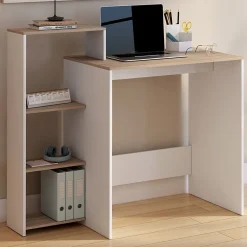 Bureau avec étagères modulables latérales LILIAN bois façon hêtre et blanc
