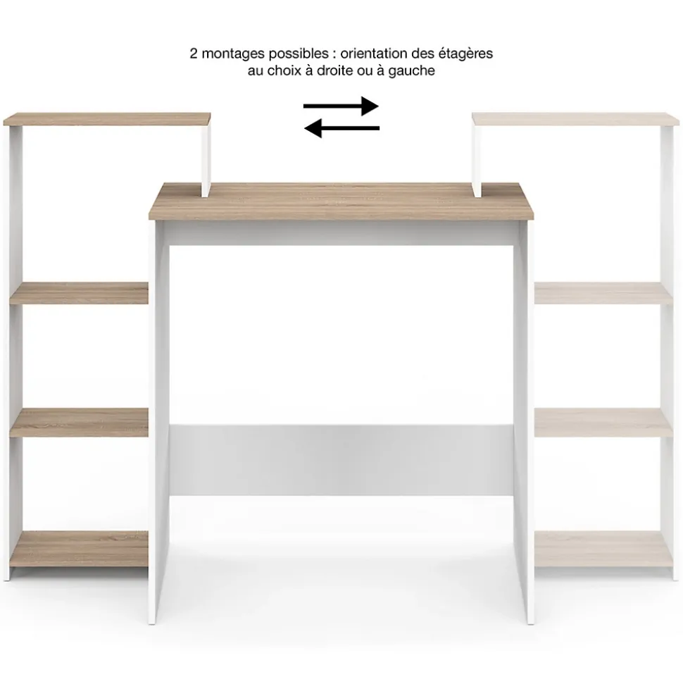 Bureau avec étagères modulables latérales LILIAN bois façon hêtre et blanc