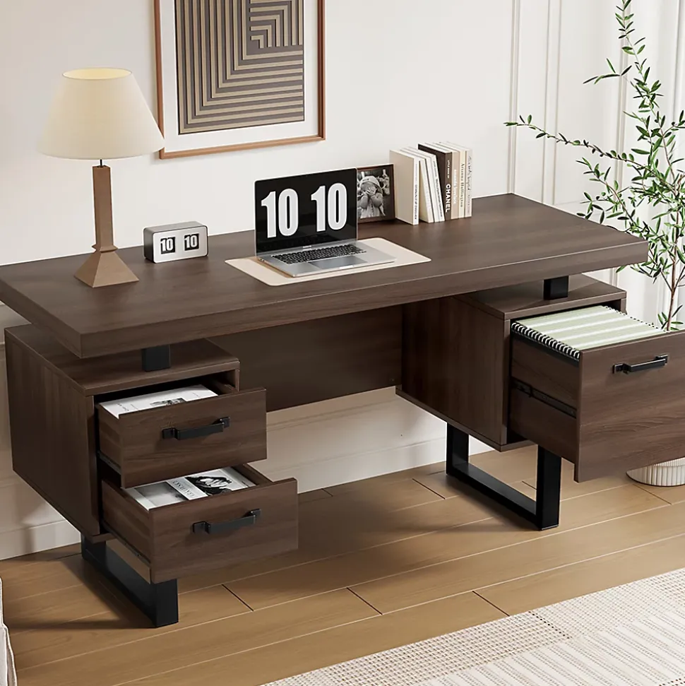 Bureau avec Tiroir pour Dossiers, Plateau Anti-Éclaboussures et Tablette Latérale, MDF+Métal, 135x54x76 cm, Brun