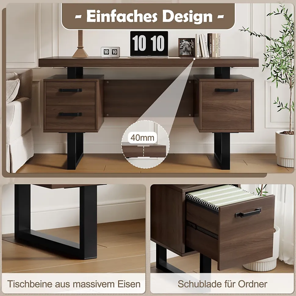 Bureau avec Tiroir pour Dossiers, Plateau Anti-Éclaboussures et Tablette Latérale, MDF+Métal, 135x54x76 cm, Brun