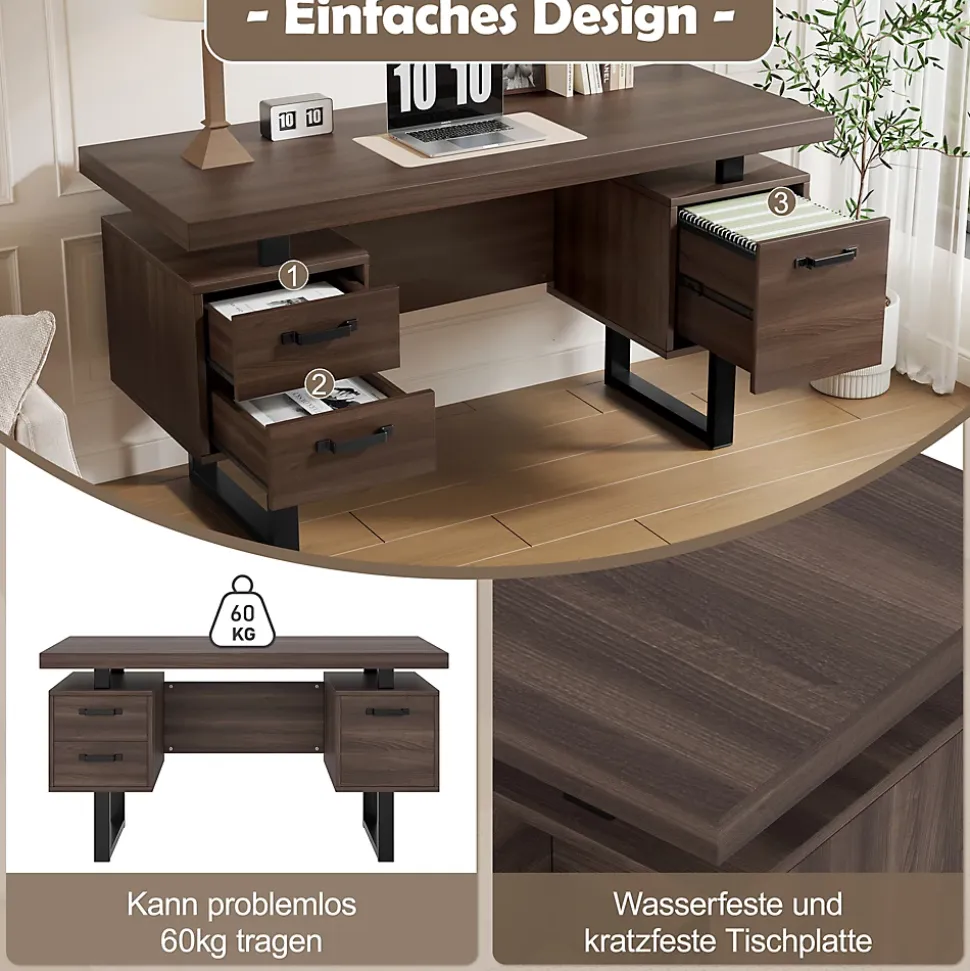 Bureau avec Tiroir pour Dossiers, Plateau Anti-Éclaboussures et Tablette Latérale, MDF+Métal, 135x54x76 cm, Brun