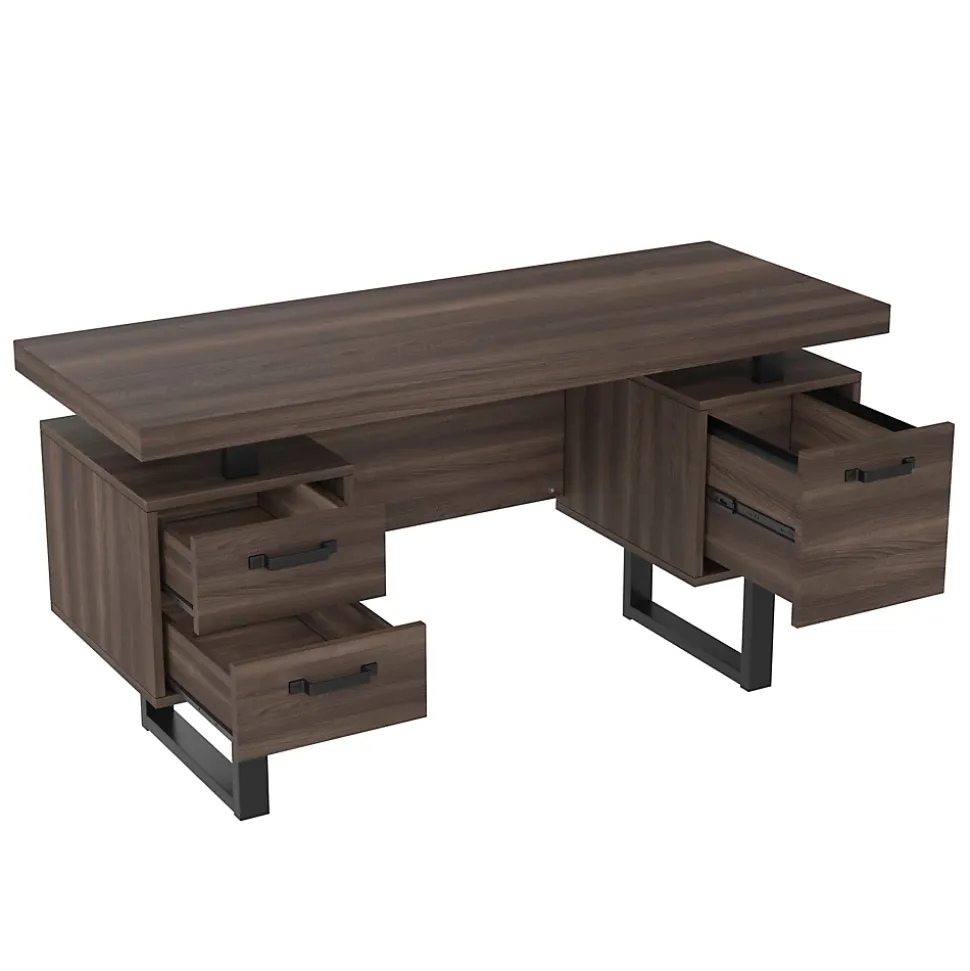Bureau avec Tiroir pour Dossiers, Plateau Anti-Éclaboussures et Tablette Latérale, MDF+Métal, 135x54x76 cm, Brun