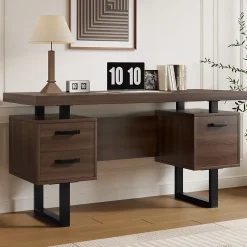 Bureau avec Tiroir pour Dossiers, Plateau Anti-Éclaboussures et Tablette Latérale, MDF+Métal, 135x54x76 cm, Brun