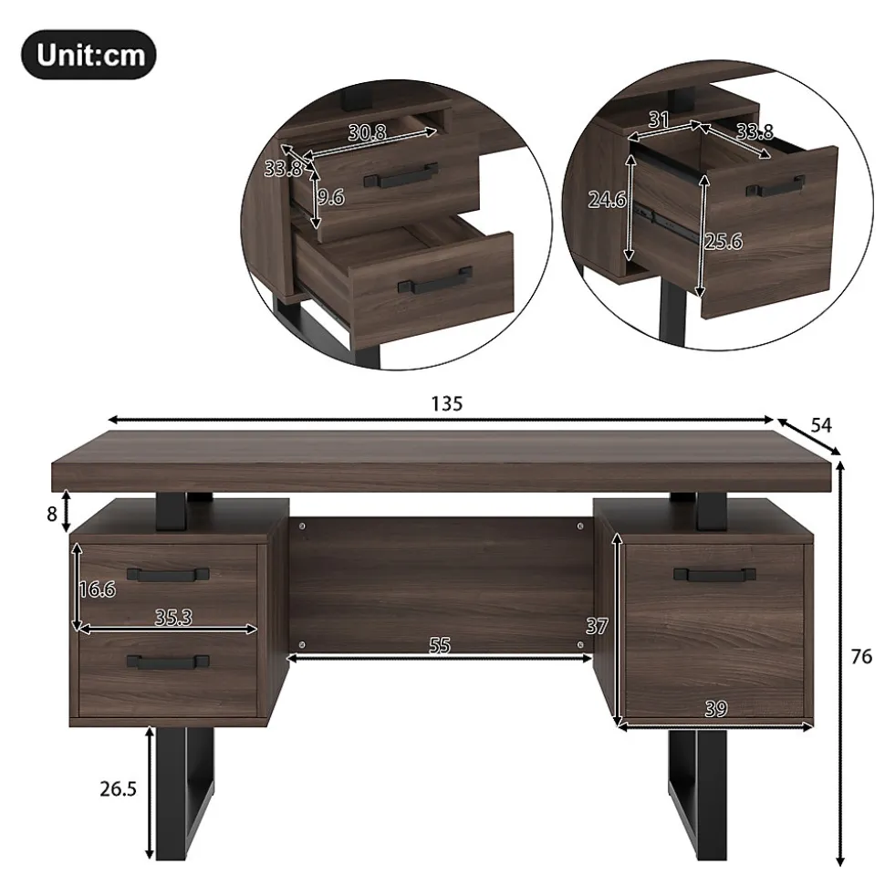 Bureau avec Tiroir pour Dossiers, Plateau Anti-Éclaboussures et Tablette Latérale, MDF+Métal, 135x54x76 cm, Brun