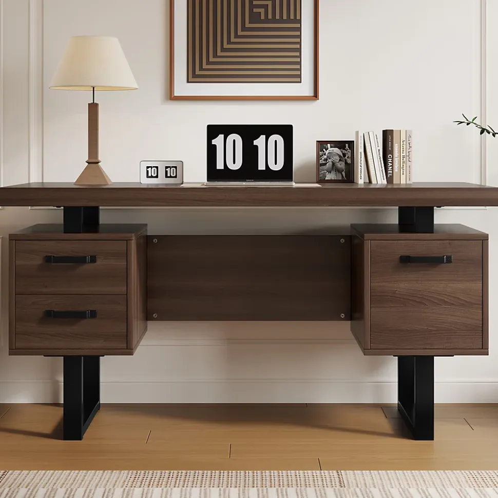 Bureau avec Tiroir pour Dossiers, Plateau Anti-Éclaboussures et Tablette Latérale, MDF+Métal, 135x54x76 cm, Brun
