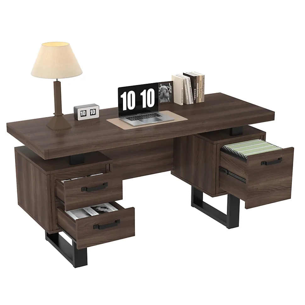 Bureau avec Tiroir pour Dossiers, Plateau Anti-Éclaboussures et Tablette Latérale, MDF+Métal, 135x54x76 cm, Brun