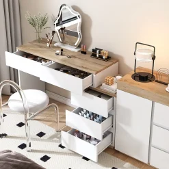 Bureau avec Tiroirs - Bureau avec Coiffeuse et Rangements, Bois, Blanc et Bois Clair - 125x38,9x76 cm