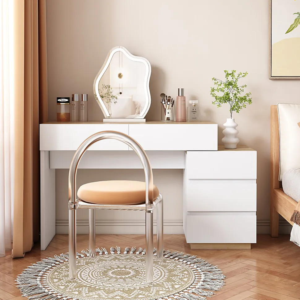 Bureau avec Tiroirs - Bureau avec Coiffeuse et Rangements, Bois, Blanc et Bois Clair - 125x38,9x76 cm