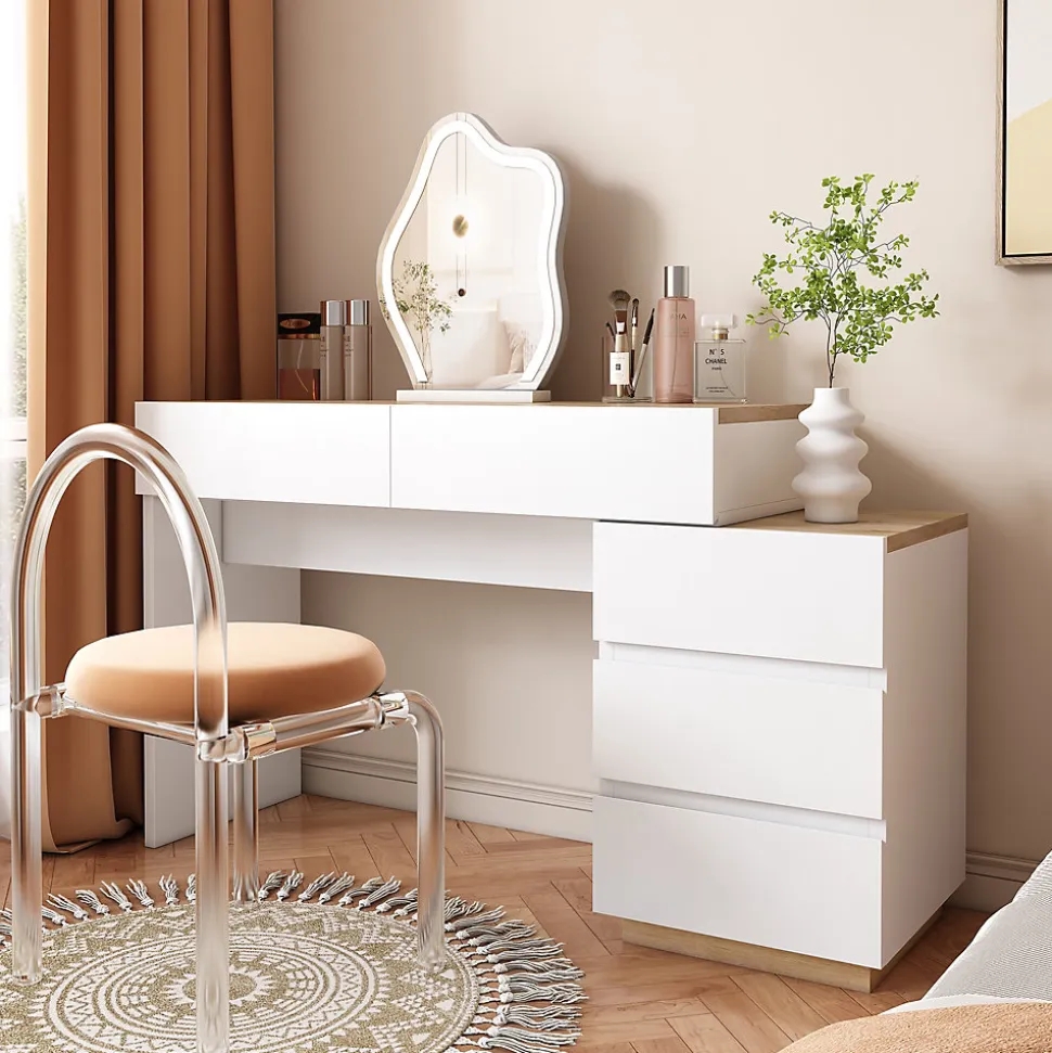 Bureau avec Tiroirs - Bureau avec Coiffeuse et Rangements, Bois, Blanc et Bois Clair - 125x38,9x76 cm