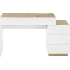 Bureau avec Tiroirs - Bureau avec Coiffeuse et Rangements, Bois, Blanc et Bois Clair - 125x38,9x76 cm