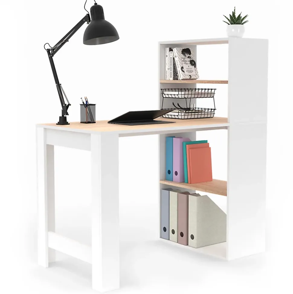 Bureau bibliothèque BEN avec étagères blanc et façon hêtre