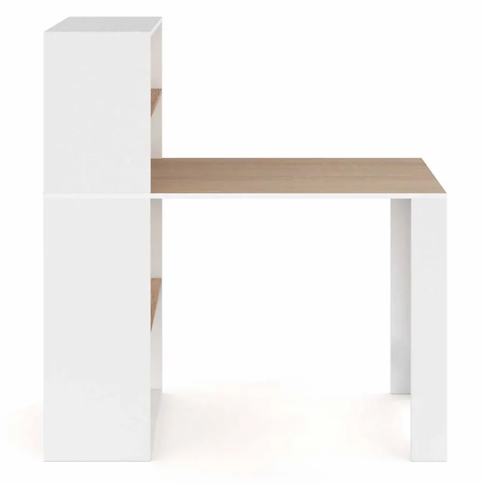 Bureau bibliothèque BEN avec étagères blanc et façon hêtre