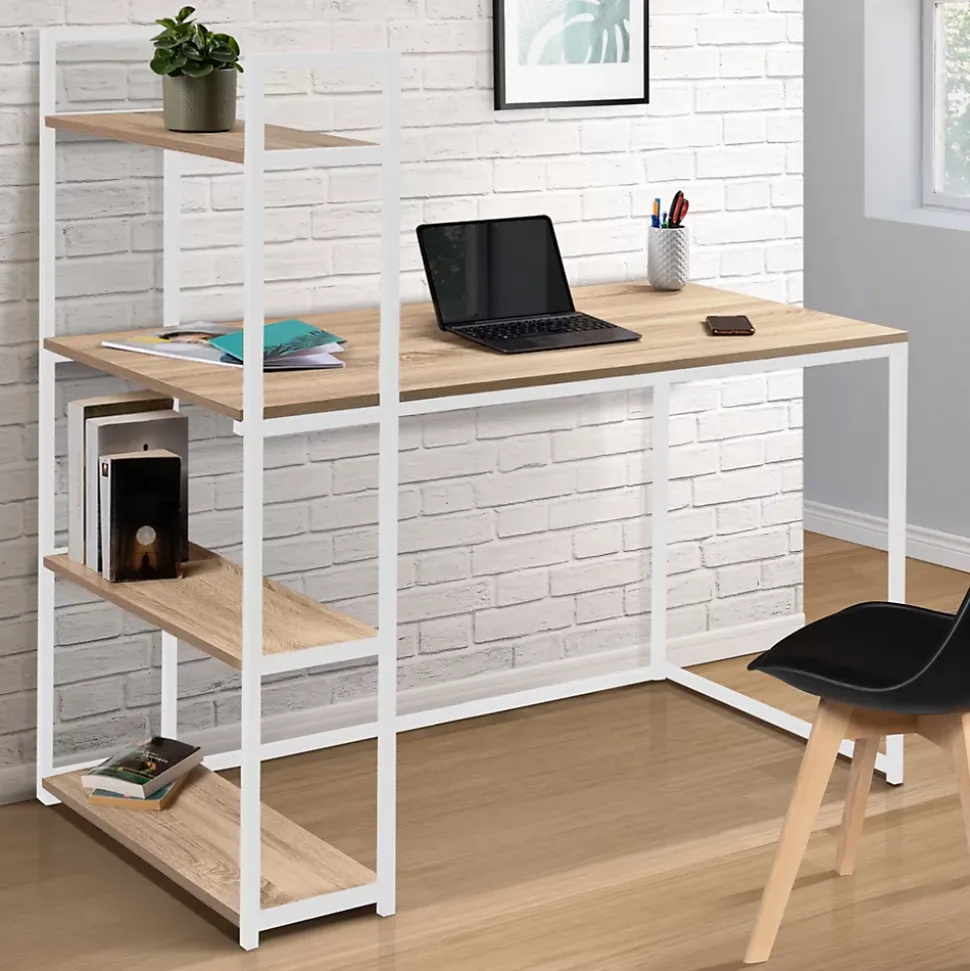 Bureau bibliothèque DETROIT design industriel bois et métal blanc