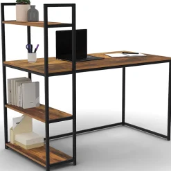 Bureau bibliothèque HAWKINS plateau bois foncé design industriel