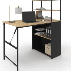 Bureau bibliothèque pliable RAY plateau rabattable bois façon hêtre et noir