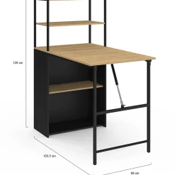 Bureau bibliothèque pliable RAY plateau rabattable bois façon hêtre et noir