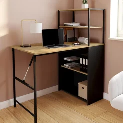 Bureau bibliothèque pliable RAY plateau rabattable bois façon hêtre et noir
