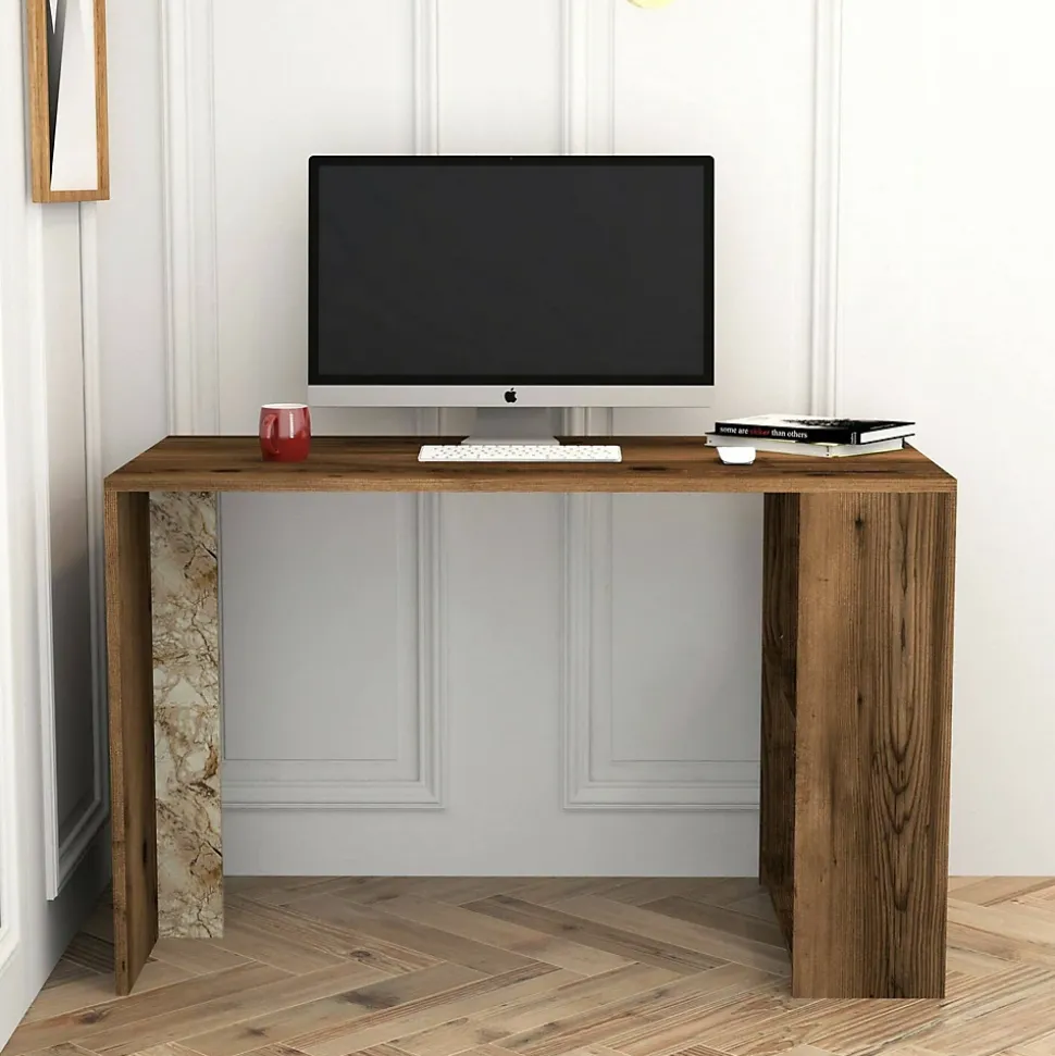 Bureau Bising, Pupitre polyvalent, Table de bureau pour PC, Plan de travail, 120x60h75 cm, Noyer et Marbre Blanc