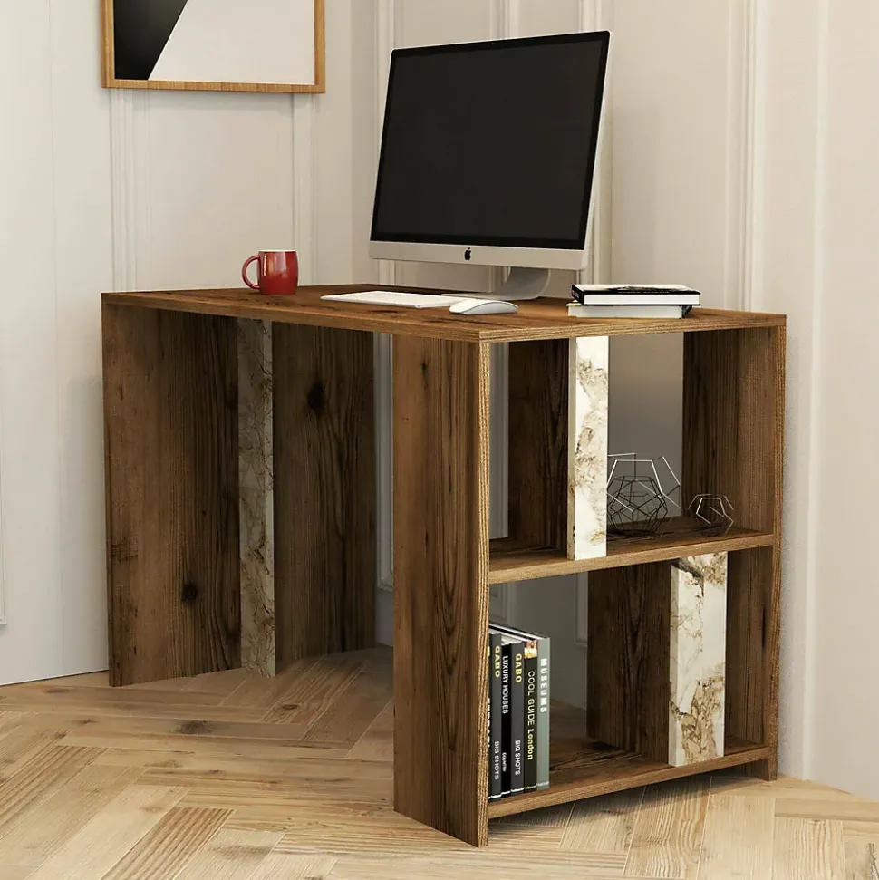 Bureau Bising, Pupitre polyvalent, Table de bureau pour PC, Plan de travail, 120x60h75 cm, Noyer et Marbre Blanc