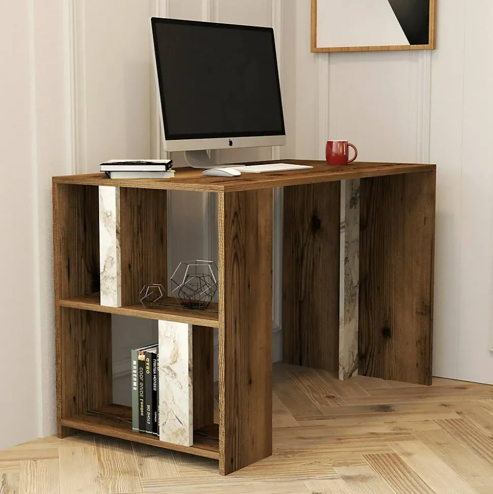 Bureau Bising, Pupitre polyvalent, Table de bureau pour PC, Plan de travail, 120x60h75 cm, Noyer et Marbre Blanc