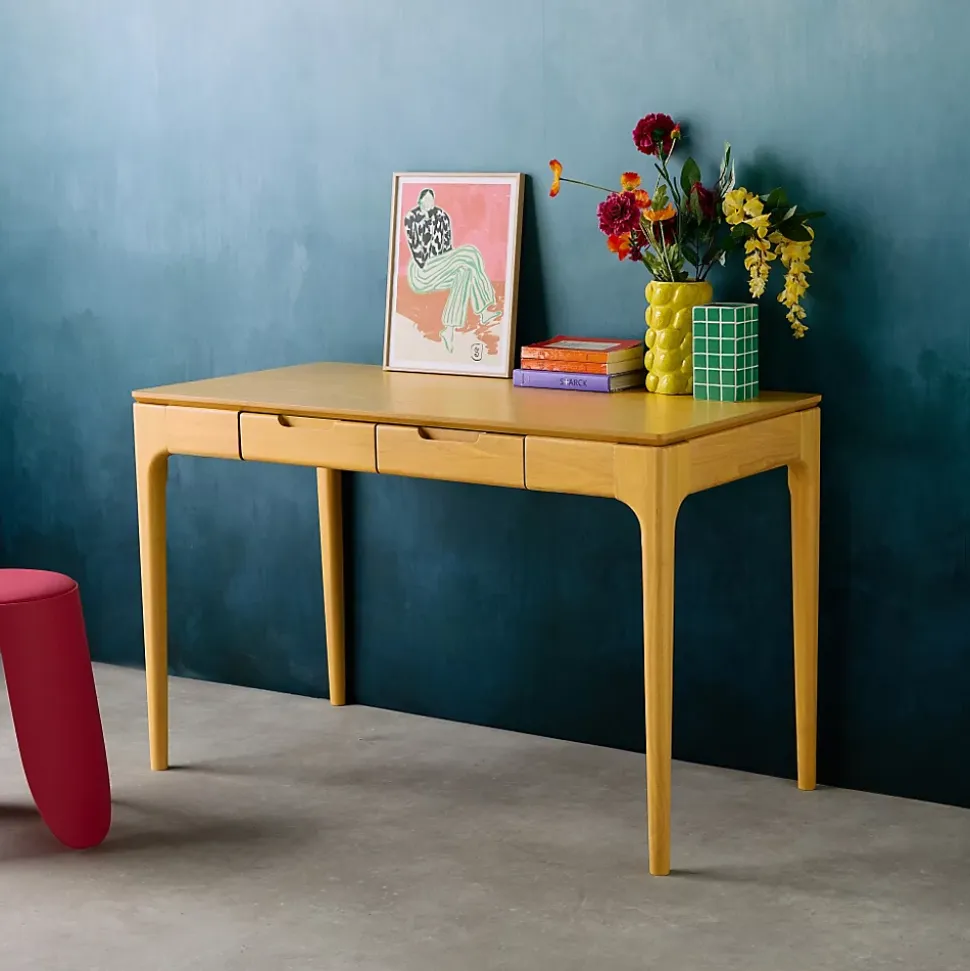Bureau bois d'hévéa placage frêne 2 tiroirs naturel - L 120 x l 60 x H 76 cm - Alienor