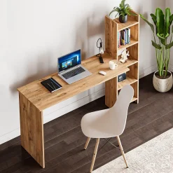 Bureau Chagtuniejle avec étagère 150 x 45 x 120 cm effet bois en.casa