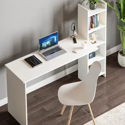 Bureau Chagtuniejle avec étagère 150 x 45 x 120 cm blanc en.casa