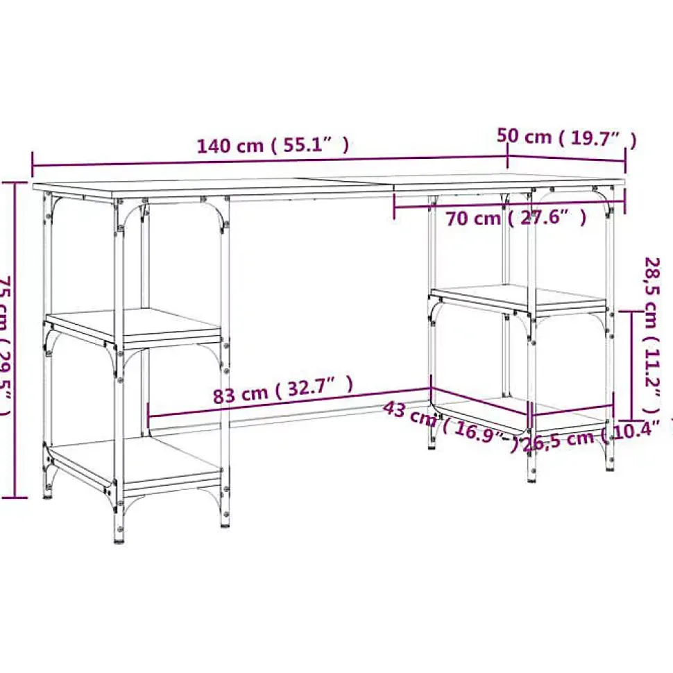 Bureau chêne sonoma 140x50x75 cm métal et bois d'ingénierie vidaXL