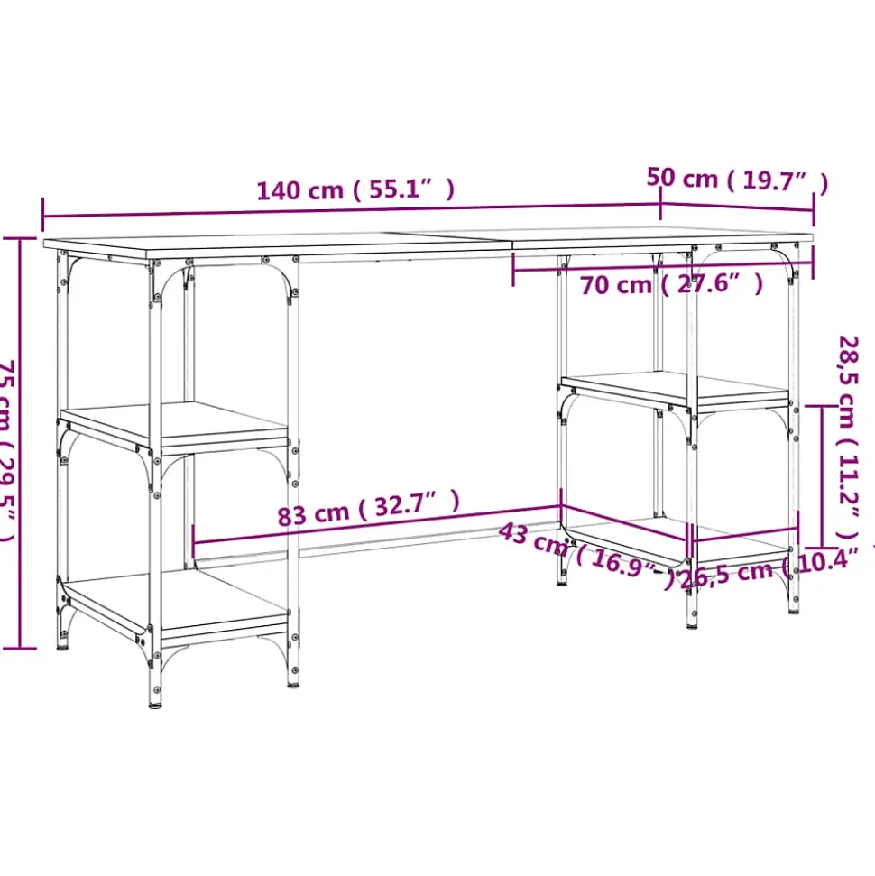 Bureau chêne sonoma 140x50x75 cm métal et bois d'ingénierie vidaXL
