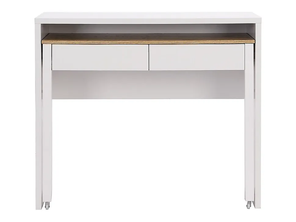 Bureau console extensible avec 2 tiroirs - Blanc et naturel - LOAVIA