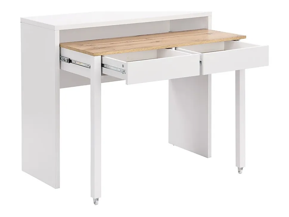 Bureau console extensible avec 2 tiroirs - Blanc et naturel - LOAVIA