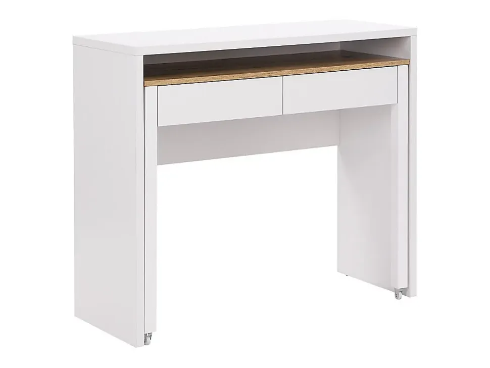 Bureau console extensible avec 2 tiroirs - Blanc et naturel - LOAVIA