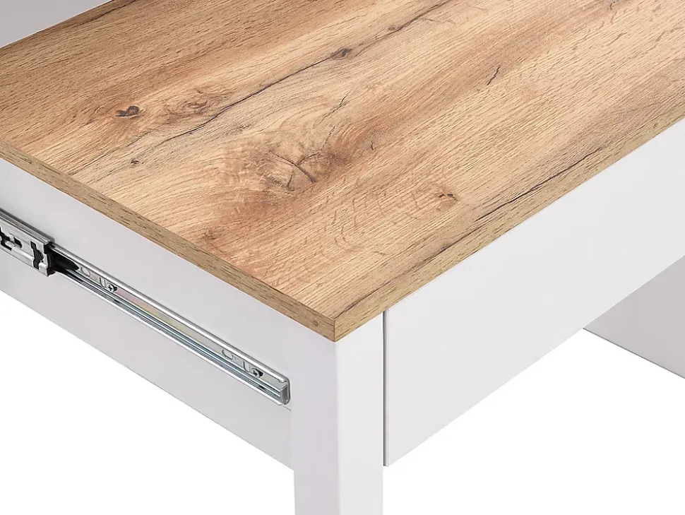 Bureau console extensible avec 2 tiroirs - Blanc et naturel - LOAVIA
