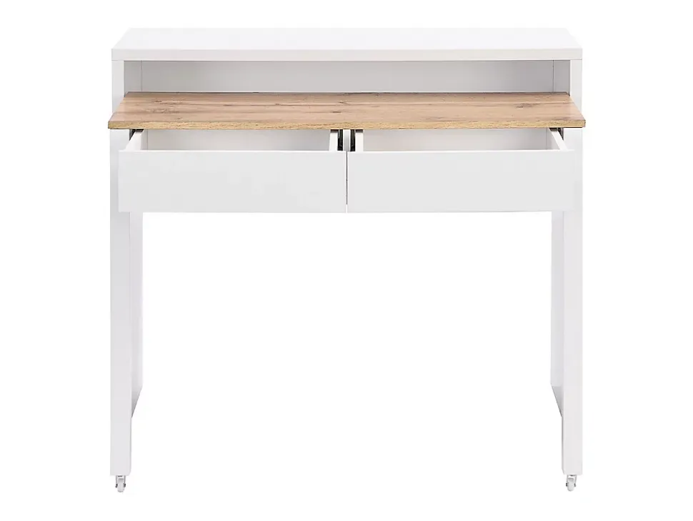 Bureau console extensible avec 2 tiroirs - Blanc et naturel - LOAVIA