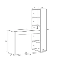 Bureau Dacarte, Bureau multifonction réversible avec bibliothèque 5 étagères, Table d'étude, 120x53h144 cm, Blanc