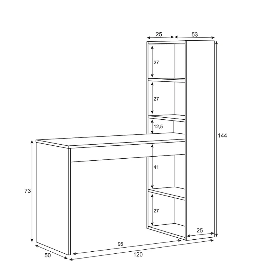 Bureau Dacarte, Bureau multifonction réversible avec bibliothèque 5 étagères, Table d'étude, 120x53h144 cm, Blanc