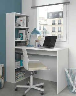 Bureau Dacarte, Bureau multifonction réversible avec bibliothèque 5 étagères, Table d'étude, 120x53h144 cm, Blanc