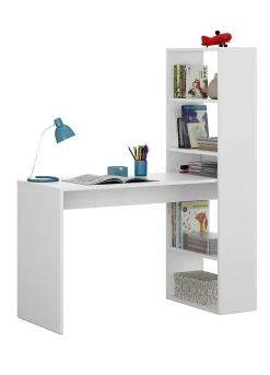 Bureau Dacarte, Bureau multifonction réversible avec bibliothèque 5 étagères, Table d'étude, 120x53h144 cm, Blanc