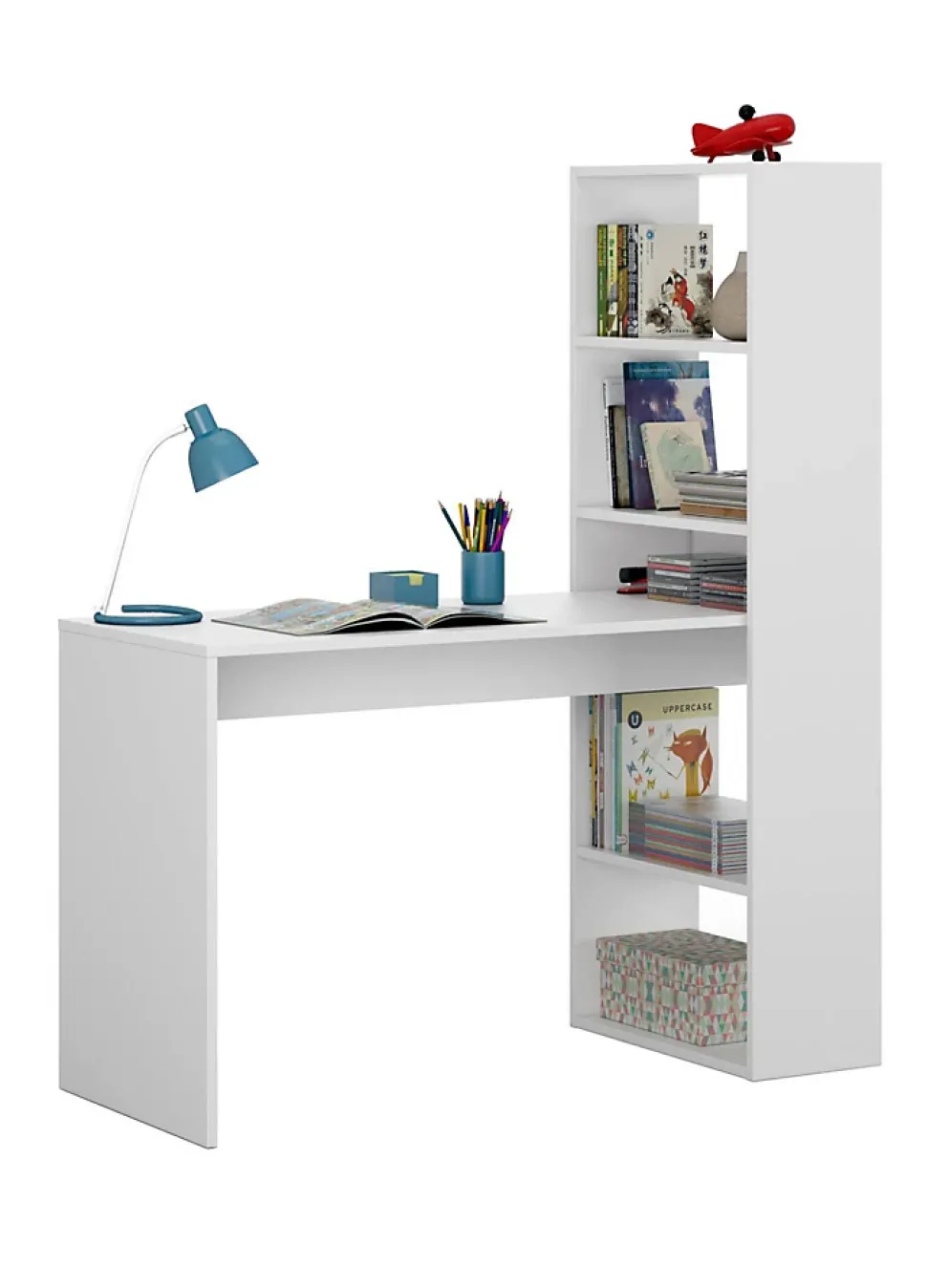 Bureau Dacarte, Bureau multifonction réversible avec bibliothèque 5 étagères, Table d'étude, 120x53h144 cm, Blanc