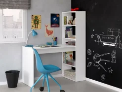Bureau Dacarte, Bureau multifonction réversible avec bibliothèque 5 étagères, Table d'étude, 120x53h144 cm, Blanc