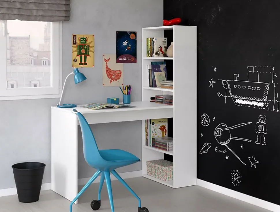 Bureau Dacarte, Bureau multifonction réversible avec bibliothèque 5 étagères, Table d'étude, 120x53h144 cm, Blanc