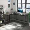 Bureau d'angle - Bureau d'ordinateur réglable en hauteur avec plateau pour PC et rangement, métal et bois, noir, 168x120x75 cm