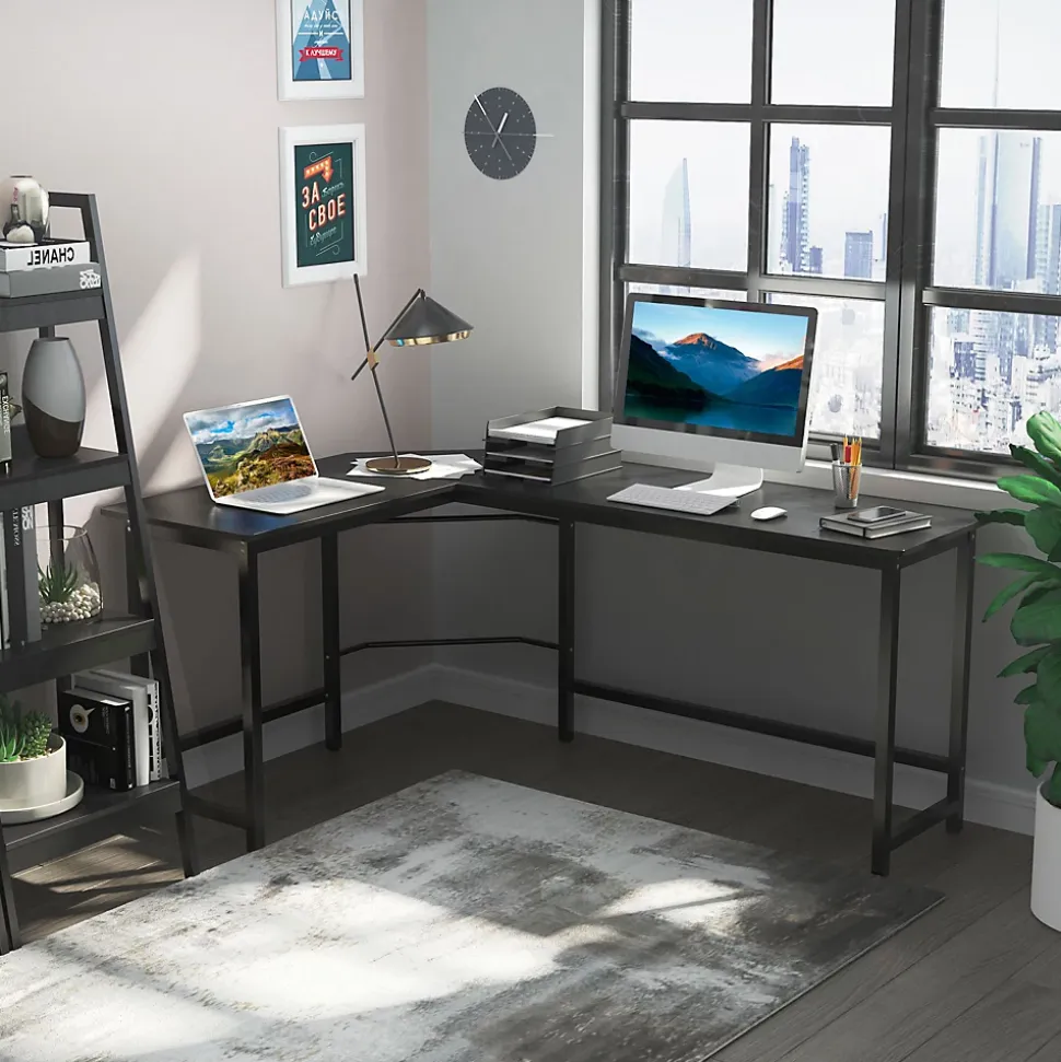Bureau d'angle - Bureau d'ordinateur réglable en hauteur avec plateau pour PC et rangement, métal et bois, noir, 168x120x75 cm