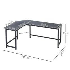Bureau d'angle - Bureau d'ordinateur réglable en hauteur avec plateau pour PC et rangement, métal et bois, noir, 168x120x75 cm
