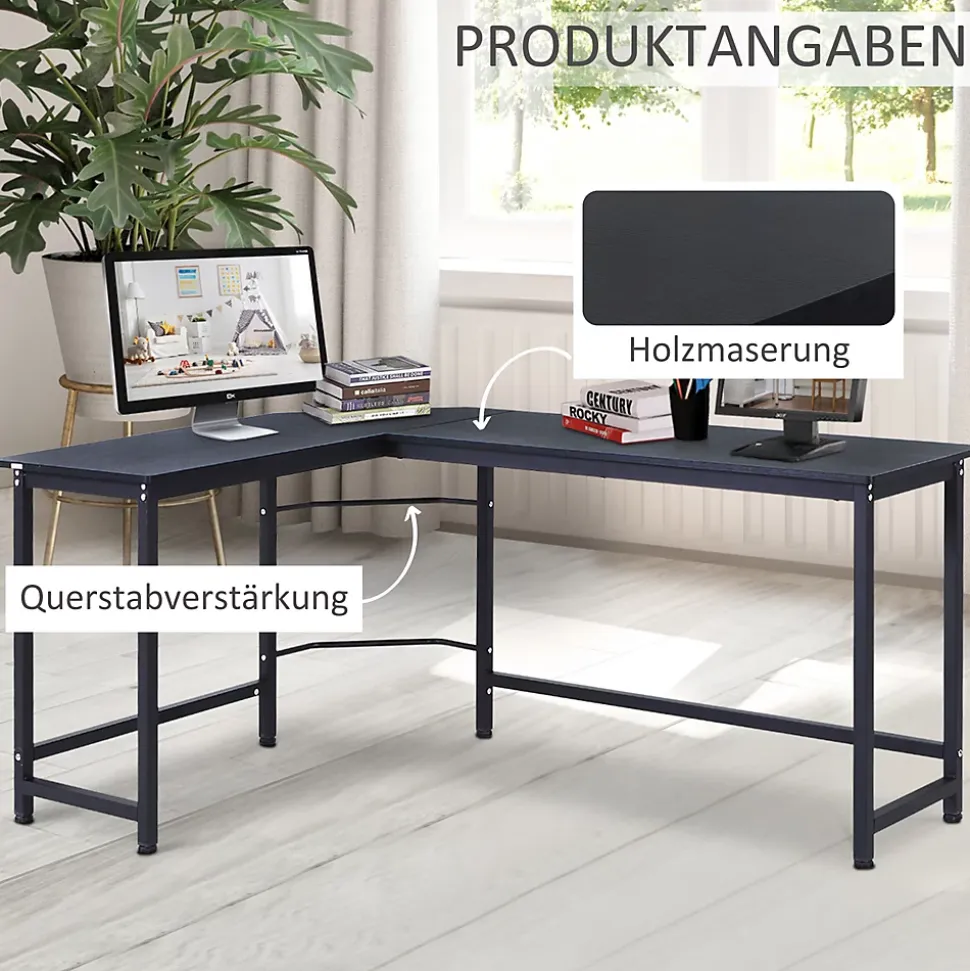Bureau d'angle - Bureau d'ordinateur réglable en hauteur avec plateau pour PC et rangement, métal et bois, noir, 168x120x75 cm