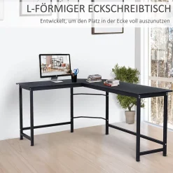 Bureau d'angle - Bureau d'ordinateur réglable en hauteur avec plateau pour PC et rangement, métal et bois, noir, 168x120x75 cm