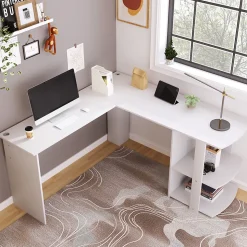 Bureau d'angle 140 cm - Bureau en L avec 2 étagères intégrées, design fonctionnel pour gain de place, MDF - Blanc