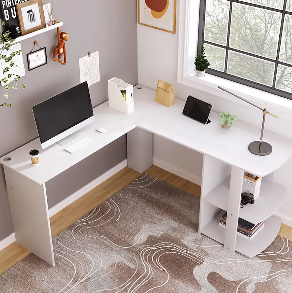 Bureau d'angle 140 cm - Bureau en L avec 2 étagères intégrées, design fonctionnel pour gain de place, MDF - Blanc