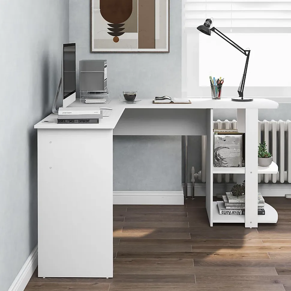 Bureau d'angle 140 cm - Bureau en L avec 2 étagères intégrées, design fonctionnel pour gain de place, MDF - Blanc