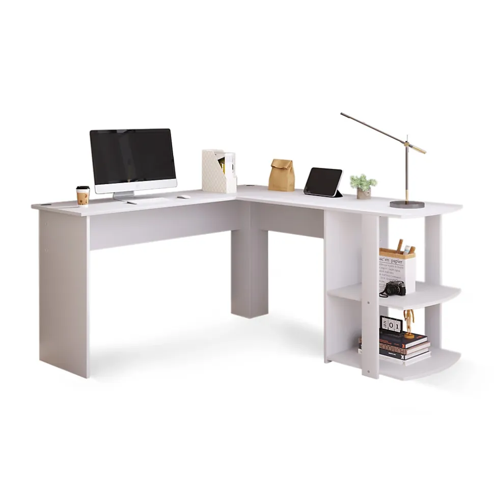 Bureau d'angle 140 cm - Bureau en L avec 2 étagères intégrées, design fonctionnel pour gain de place, MDF - Blanc